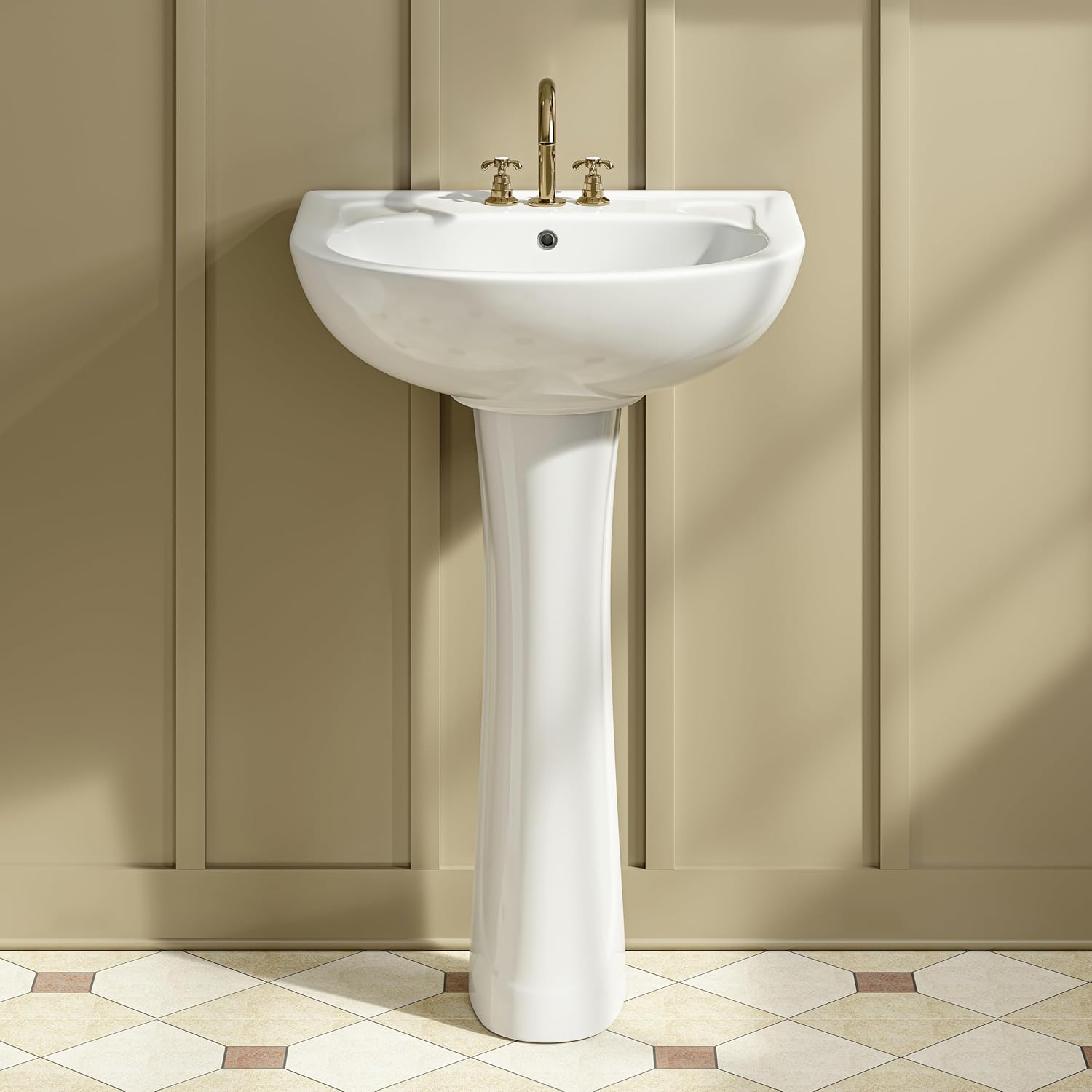 HOROW 22"W x 19"D U-Shape Pedestal Sink, White Ceramic Pedestal Bathroom Sink with Overflow and 3 Pre-Drilled Holes, Modern Bath Pedestal Sink Combo