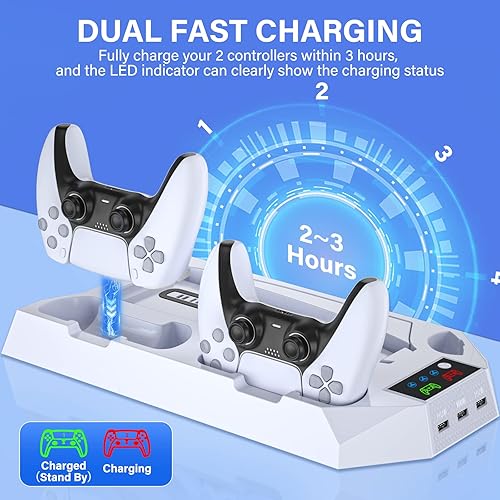 Miniatura 3 de DBEPANK Soporte para PS5 y estación de refrigeración con estación de carga de doble controlador PS5 soporte vertical con soporte para auriculares,