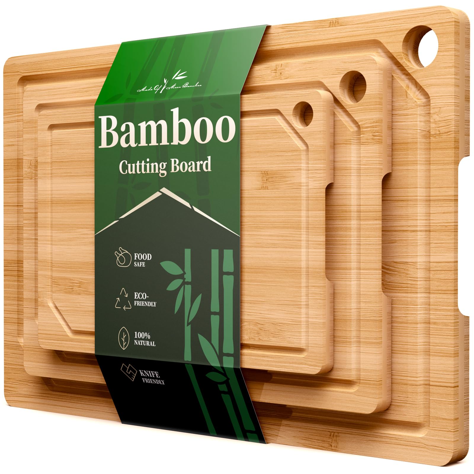 Kitsure Cutting Board Set - Cross-Laminated Bamboo Cutting Boards for Kitchen with Juice Grooves and Built-in Handles, Ideal Kitchen Gadgets for Versatile Prep & Serving, 3-Piece, Nature