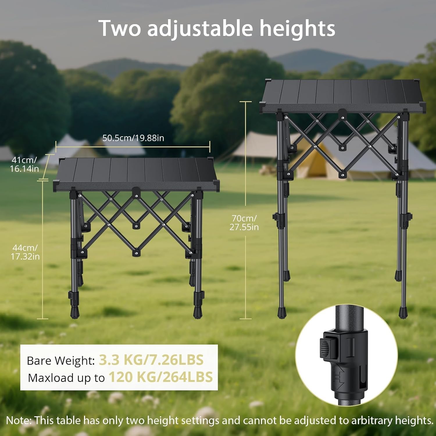 Anbte Folding Camping Table, 2 Height Adjustable Small Camping Side Table Aluminum Roll Top with Carry Bag, Stable X-Frame for Outdoor Cooking, Tailgating Picnic BBQ RV Travel, 20”x16”, 264lbs Load