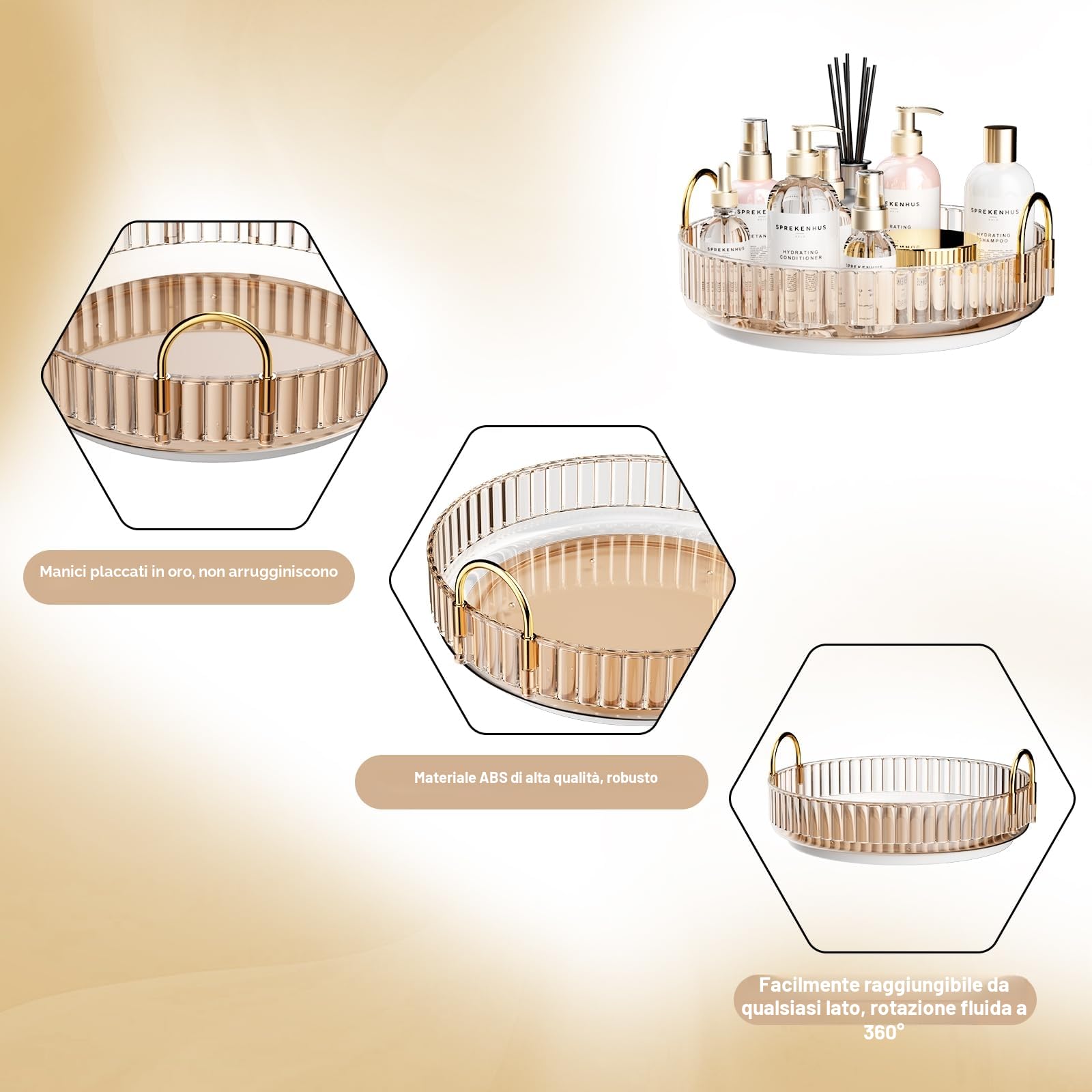 MOACC Porta Trucchi Rotante a 360°, Organizzatore di Cosmetici ad Grande Capacità, Organizzatore di Profumi, Make Up Organizer Adatti per Toeletta Camera da Letto Bagno Cucina, 1 Strato, Ambra