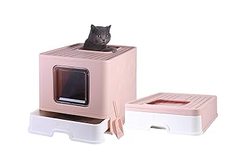 JUNSPOW Cat Litter Boxes Litter Boxes for Large Cats Foldable Litter Box Comes with Shovel (Pink)