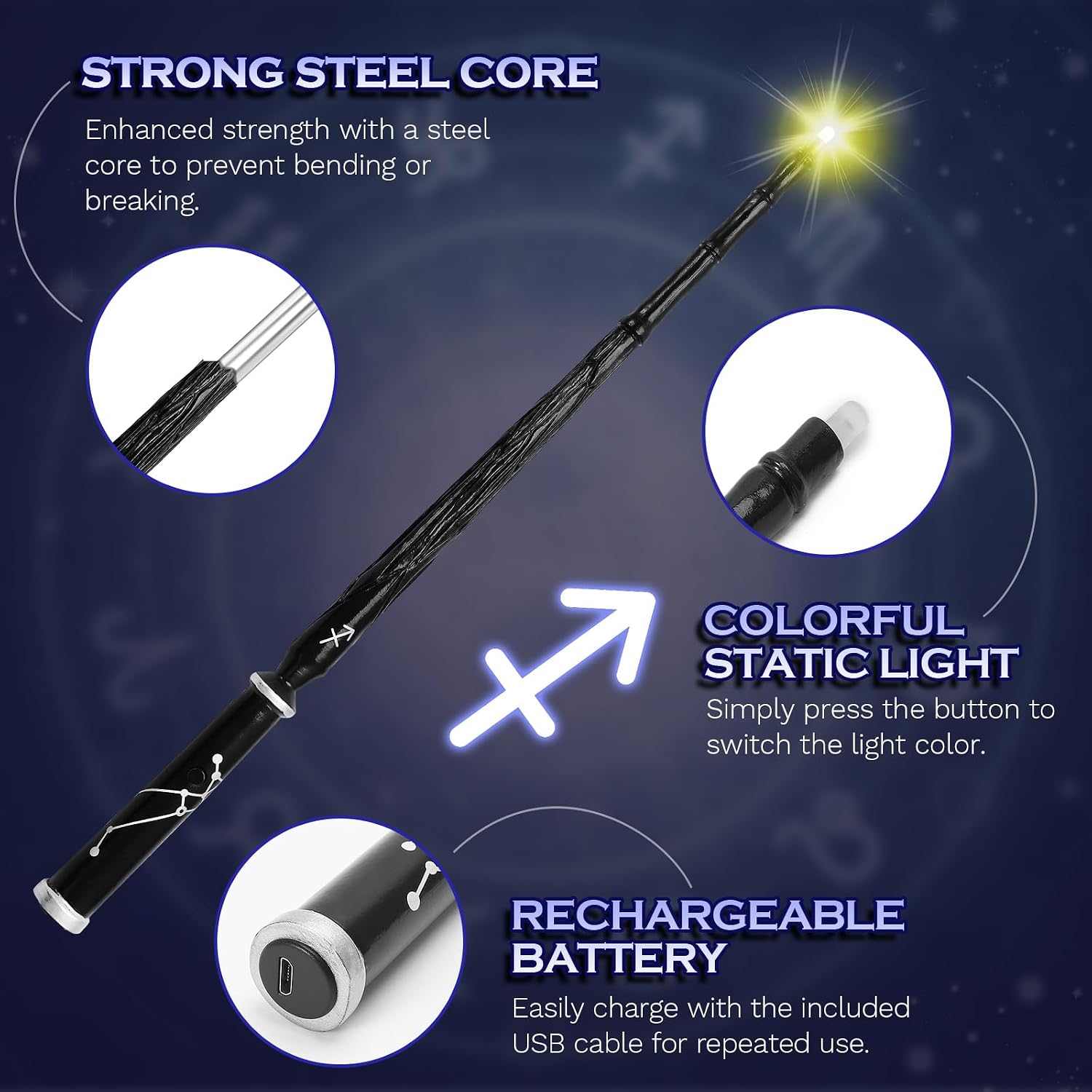 Light Up Wizard Magic Wand with 5 Light Colors, Rechargeable Illuminating Constellation Wands for Kids Witch Cosplay Party Favors, Sagittarius image 2