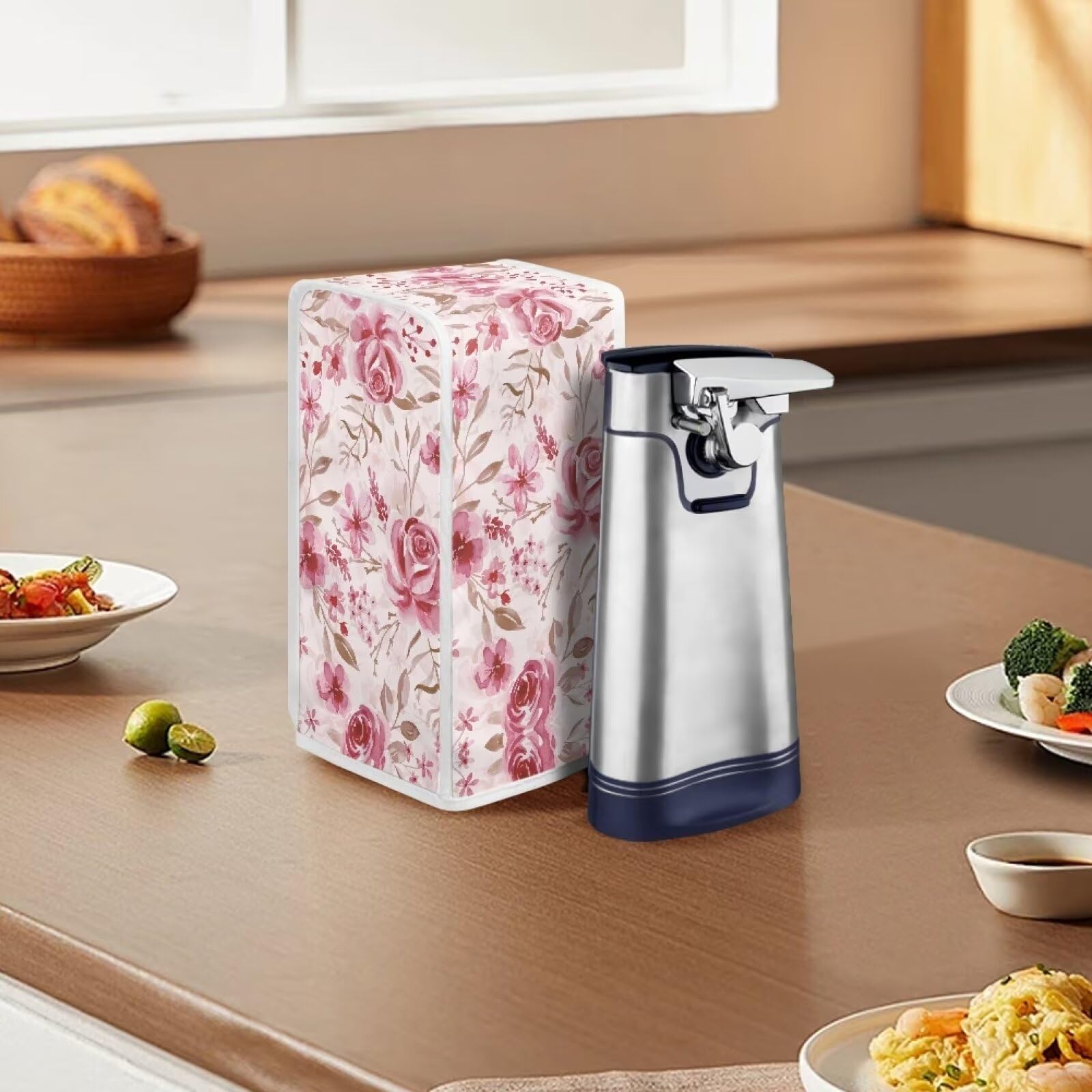 Annejudy Pink Roses Pattern Electric Can Opener Covers Dust and Stain Protection Can Openers Dust Cover Small Appliance Cover for Kitchen Decor Accessories