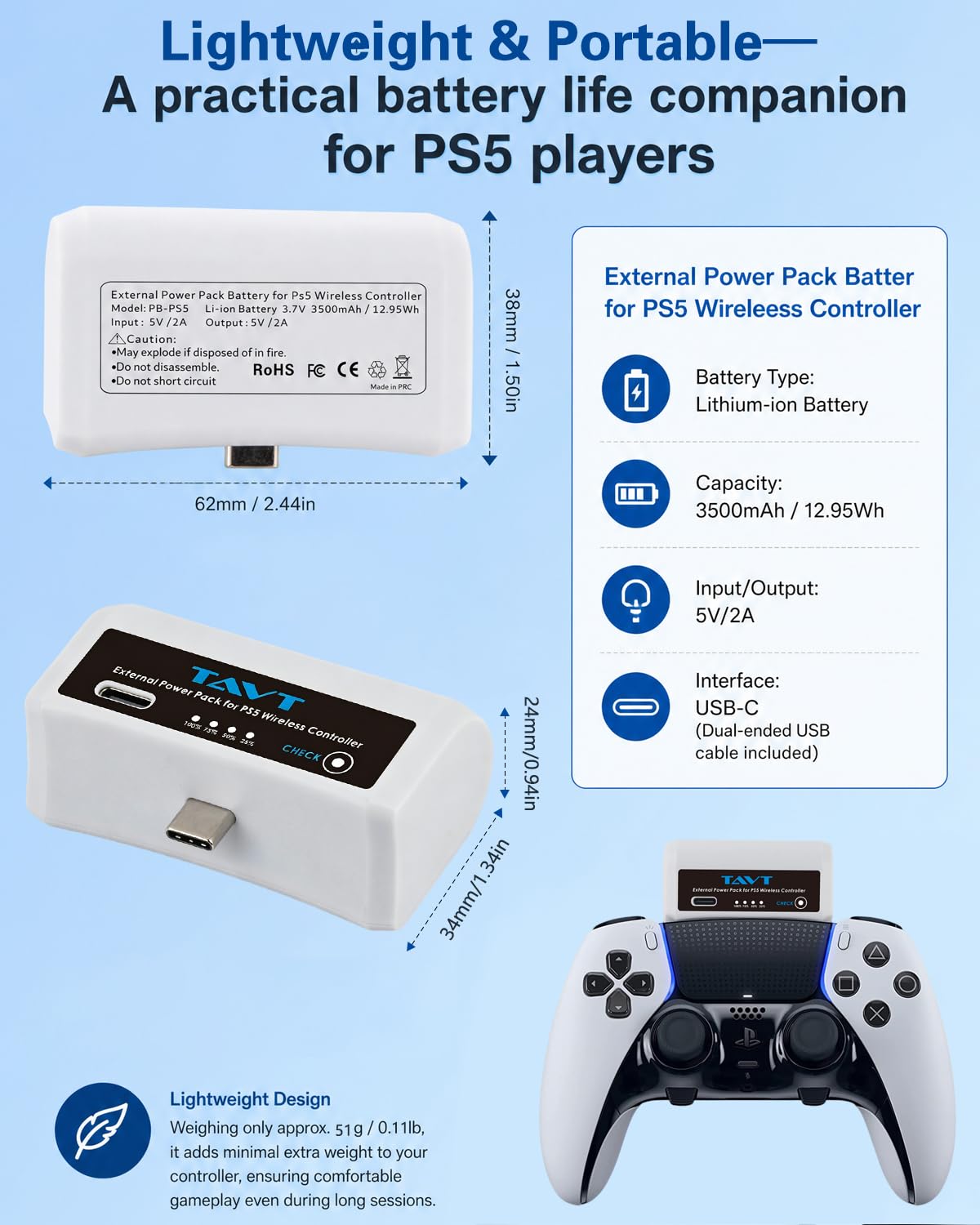 Batteria esterna per controller Sony PlayStation 5, PS5 Dualsense/Edge, batteria ricaricabile con indicatore LED e cavo di ricarica USB-C