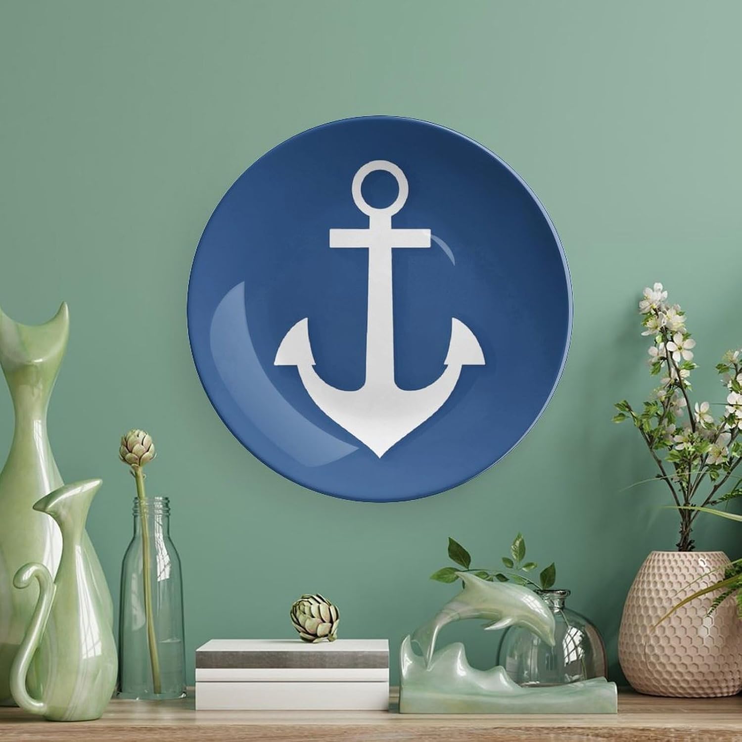 Nautical White Anchor Pattern Ceramic Decorative Plate, Bone China Plates | Chinese Style Decorative Dish with Stand, Dinner Plates Art Crafts for Wall Decor, Collections Plate with Hook 6inch