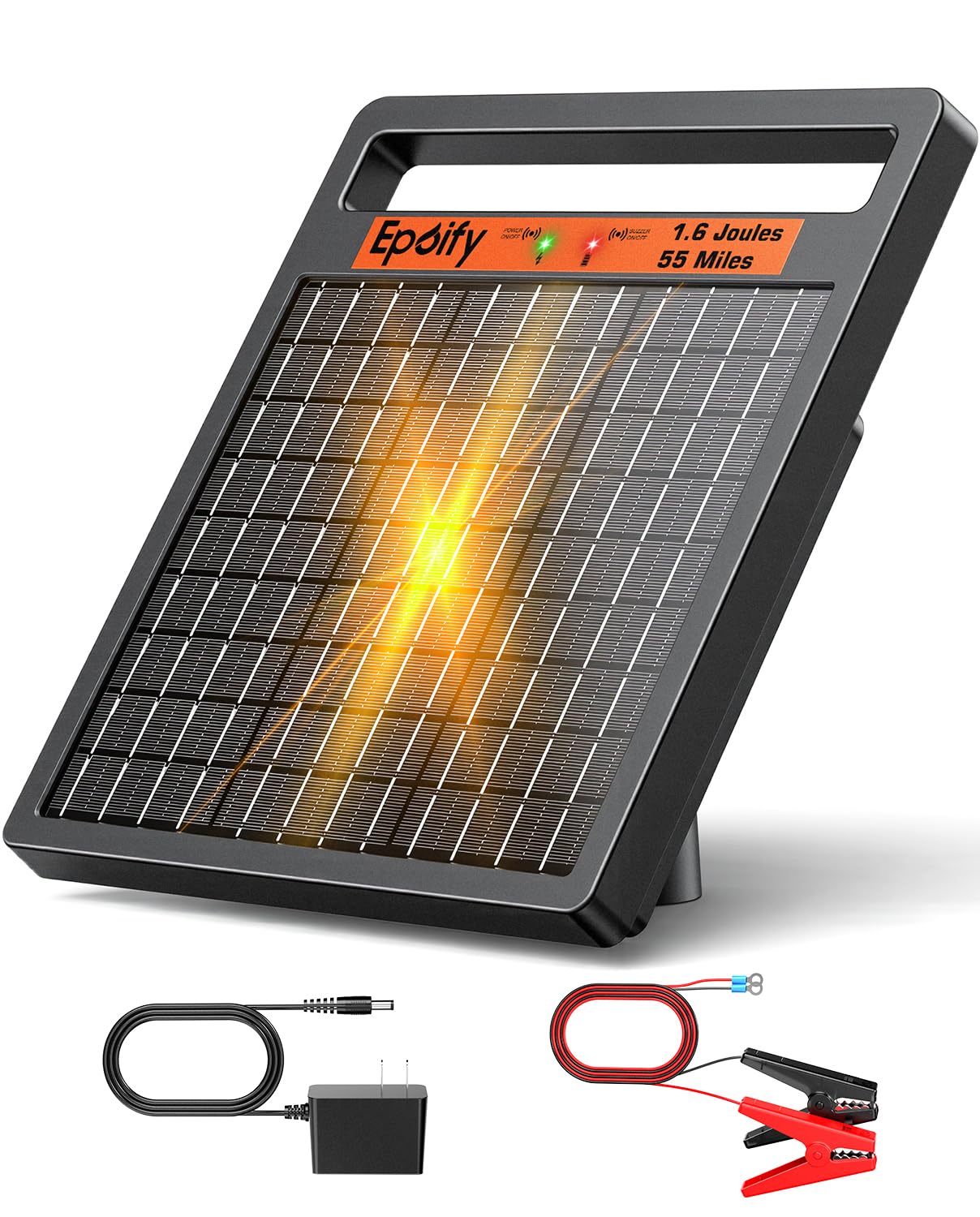 Solar Electric Fence Charger, 1.6J 55-Mile for Large Fence Systems