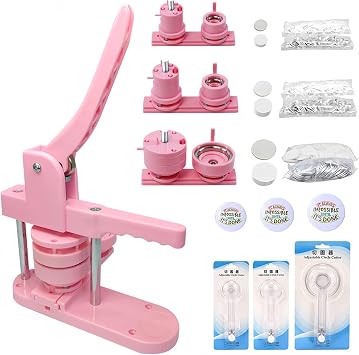 Button Maker Machine, 25mm/32mm/58mm DIY Pin Badge Maker Custom Badge Press Kit with 300pcs Button Parts for Gifts Pin Maker, Pink