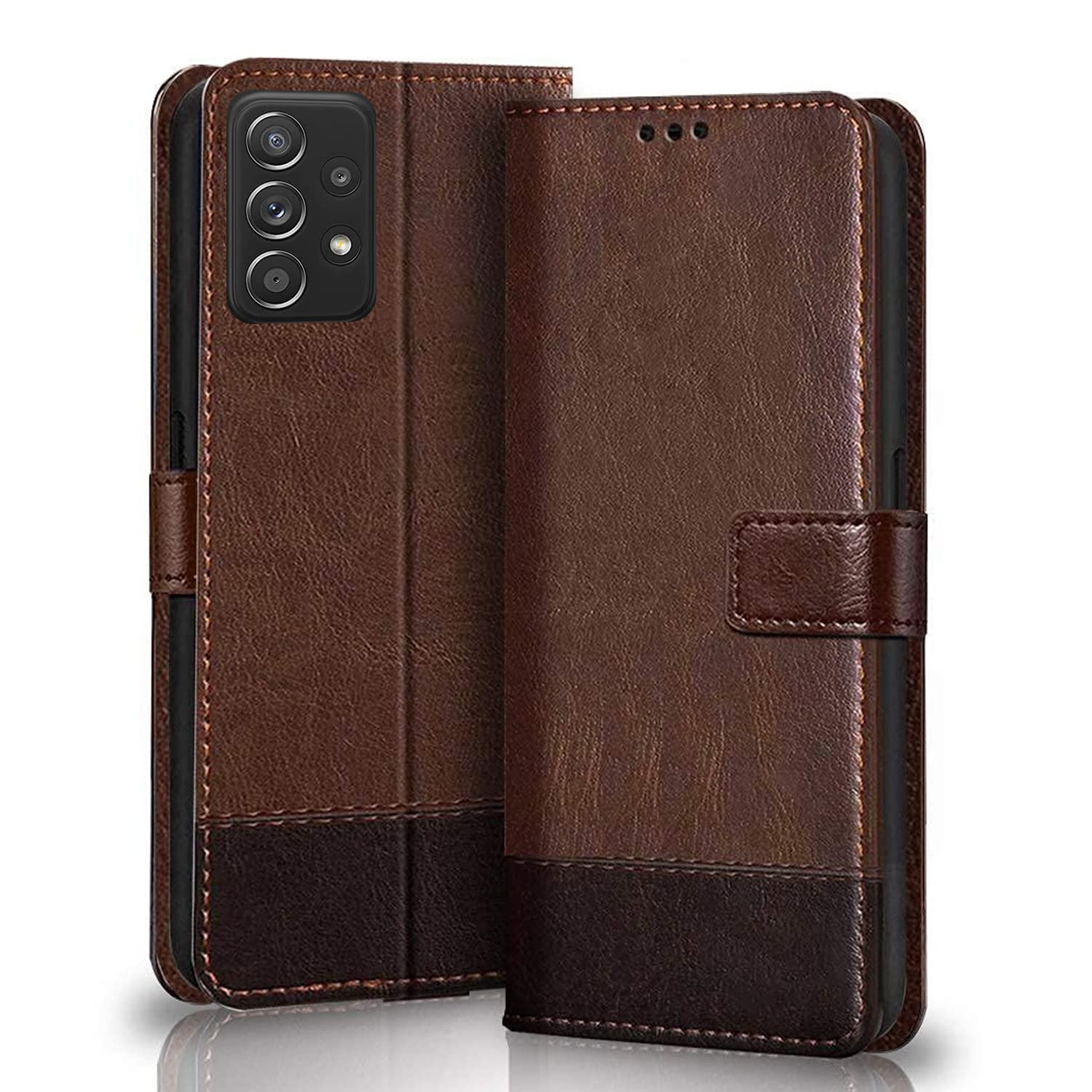 Winkel Premium Vegan Leather Dual Flip Magnetic Mobile Cover Case | Kickstand & Card Holder | 360 Degree Grip Protection| Wallet Type with Magnetic Closure for Samsung Galaxy A52 -(Brown with Coffee) (B09M6STS5R) Amazon Price History, Amazon Price Tracker