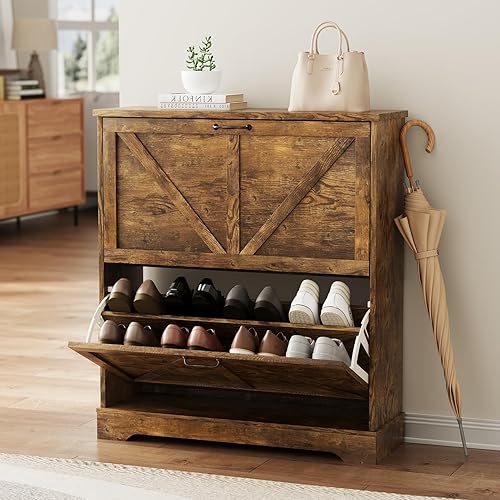 Miniatura 12 de Gabinete de almacenamiento de zapatos con 2 cajones abatibles, gabinete estrecho de zapatos estilo granja para entrada, gabinete delgado de zapatos