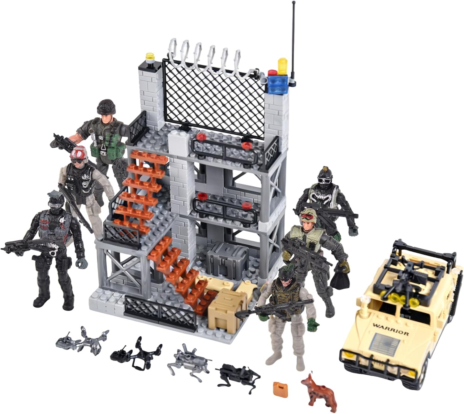 Military Base Army Playset with Special Operations Figures,Marine Corps and Assault Vehicles, Drones, Robot Dogs, Building Set for Ages 6-12
