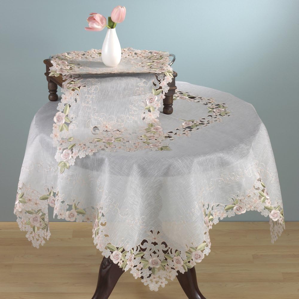 Embroidered and Cutwork Design Tablecloth and Tablecloth. 100% Polyester Woven. Off-White, 36 Inch Square. One Piece