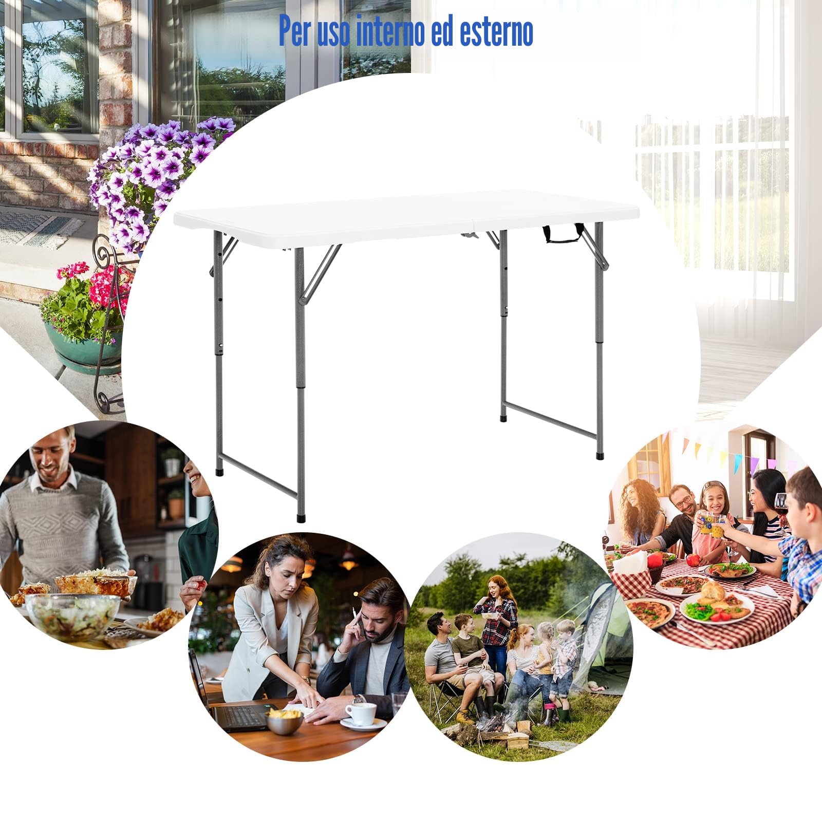 KOMFOTTEU Tavolo Pieghevole Regolabile in Altezza 120x60x74,5 cm Bianco HDPE Ferro Campeggio Picnic