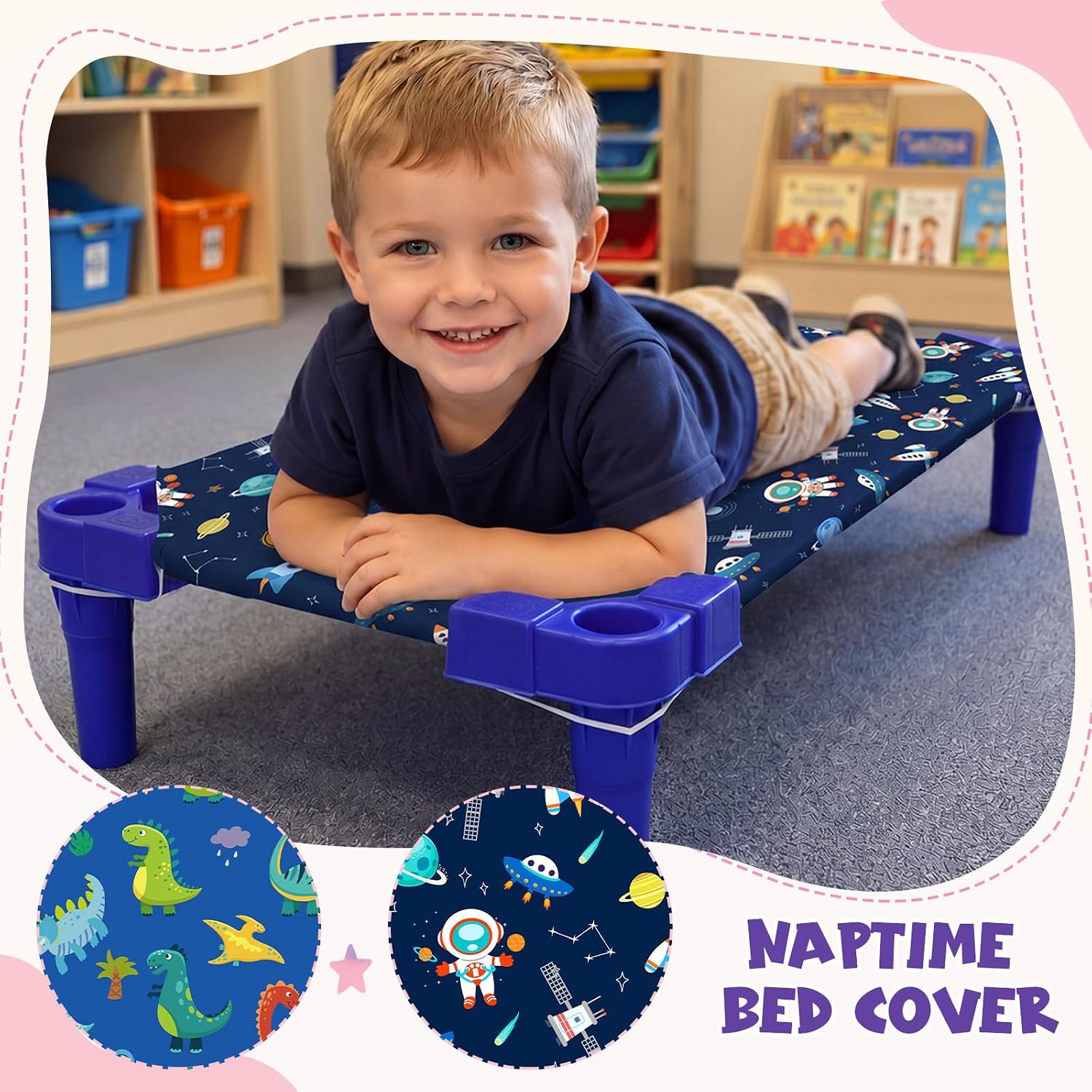 2 Pcs Cot Sheets for Daycare 23" x 51" Cot Fitted Sheets,Space | Soft Microfiber, Toddler Kids Use, Kindergarten Class, Sleep Reliable Fit, Machine Washable, Non-slip Corners