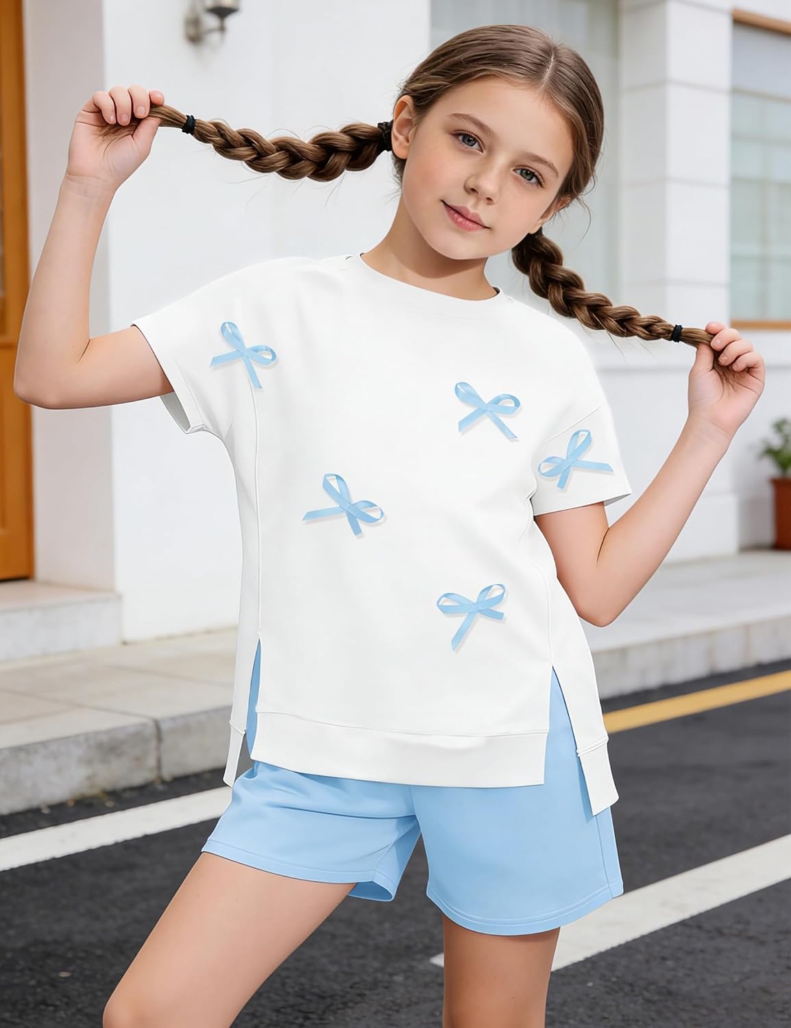 Girls Clothes 2PC Summer Outfits Bow Short Sleeve T-shirts and Elastic Waist Shorts Set Kids Clothes Girls 6-14Y