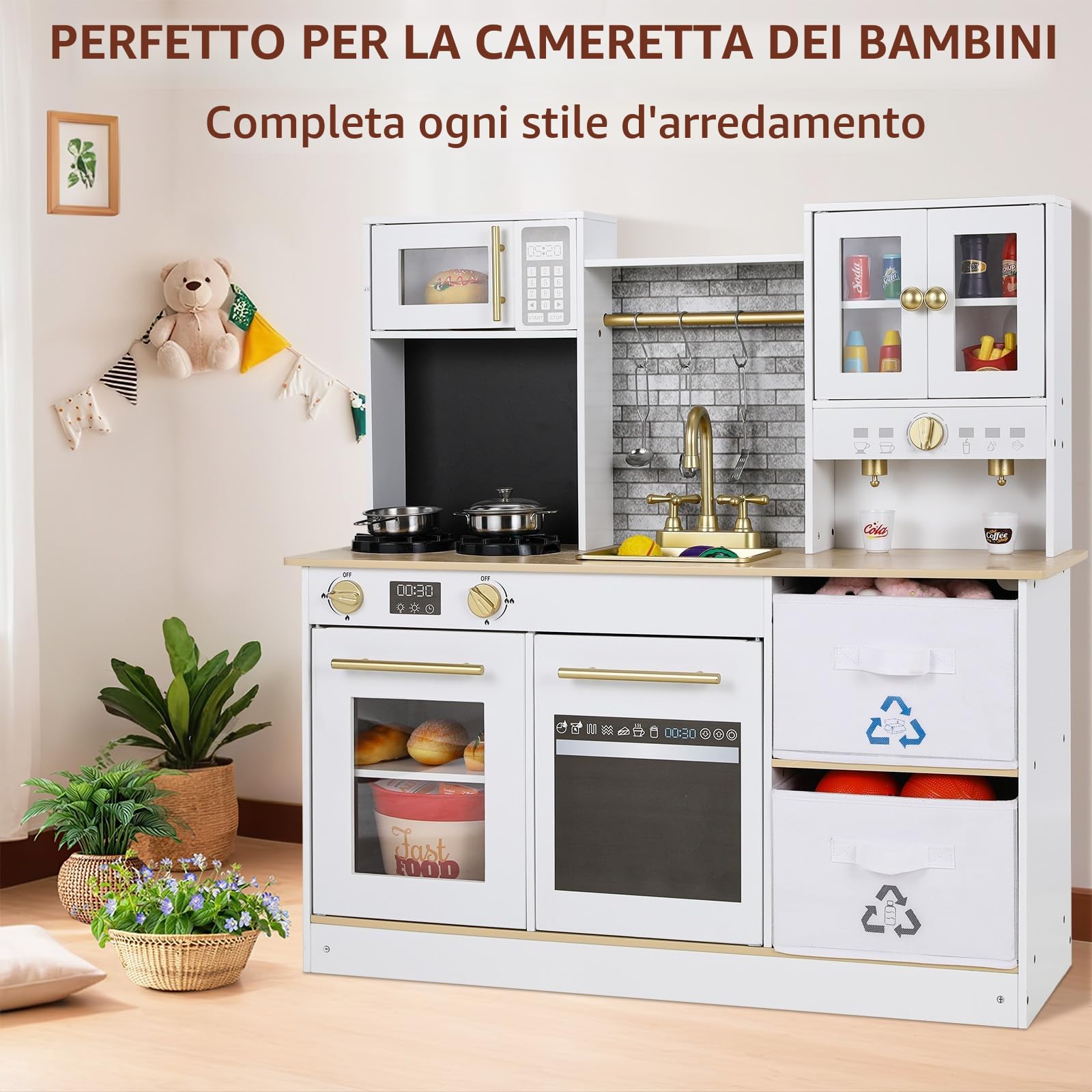 MAMIZO Cucina Giocattolo per Bambini Legno, con Effetti Simulati di Luce e Suono, Cucina Bambini con 2PCS Scatole Portaoggetti, Cucinetta Giocattolo per Bimbi da 3 Anni, 90x30x90 cm, Bianco