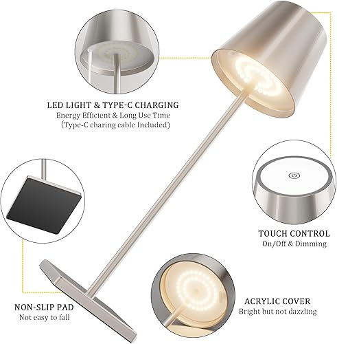 Miniatura 4 de Paquete de 2 lámparas de mesa LED recargables regulables 3000k-6000k, lámpara de mesa táctil inalámbrica IP54 para interiores y exteriores, metal