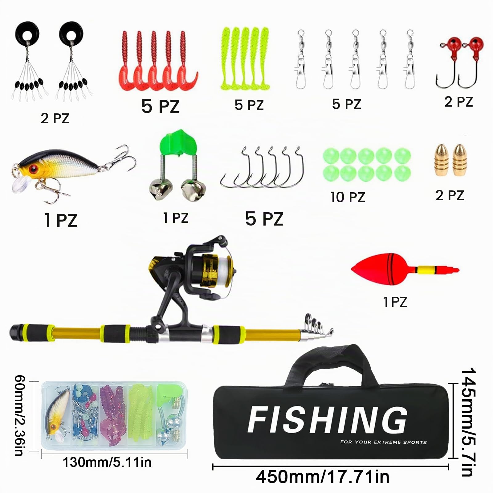 Set da pesca per bambini, 1,8 m, set di canne da pesca per bambini, con mulinello da pesca ed esca, in fibra di carbonio, telescopiche e mulinello, accessori da pesca per bambini dai 3 ai 10 anni