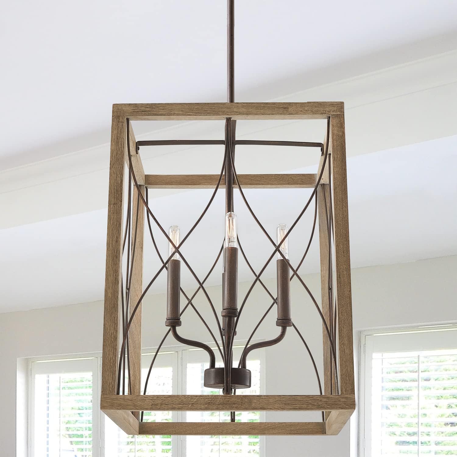 Capital Lighting 529141NG Tybee Industrial Rectangular Wood Lantern Foyer Pendant, 4-Light 240 Total Watts, 23" H x 15" W, Nordic Grey