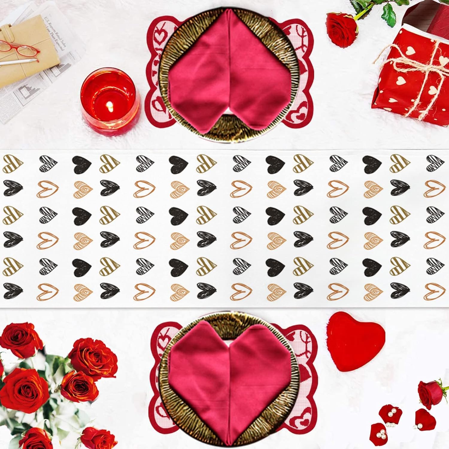 Valentine Cotton Rectangle Table Runner Simple Heart Shapes Hand Draw Table Linens Non-Slip Runners for Home Kitchen Party Wedding Decorations 14" x 72"
