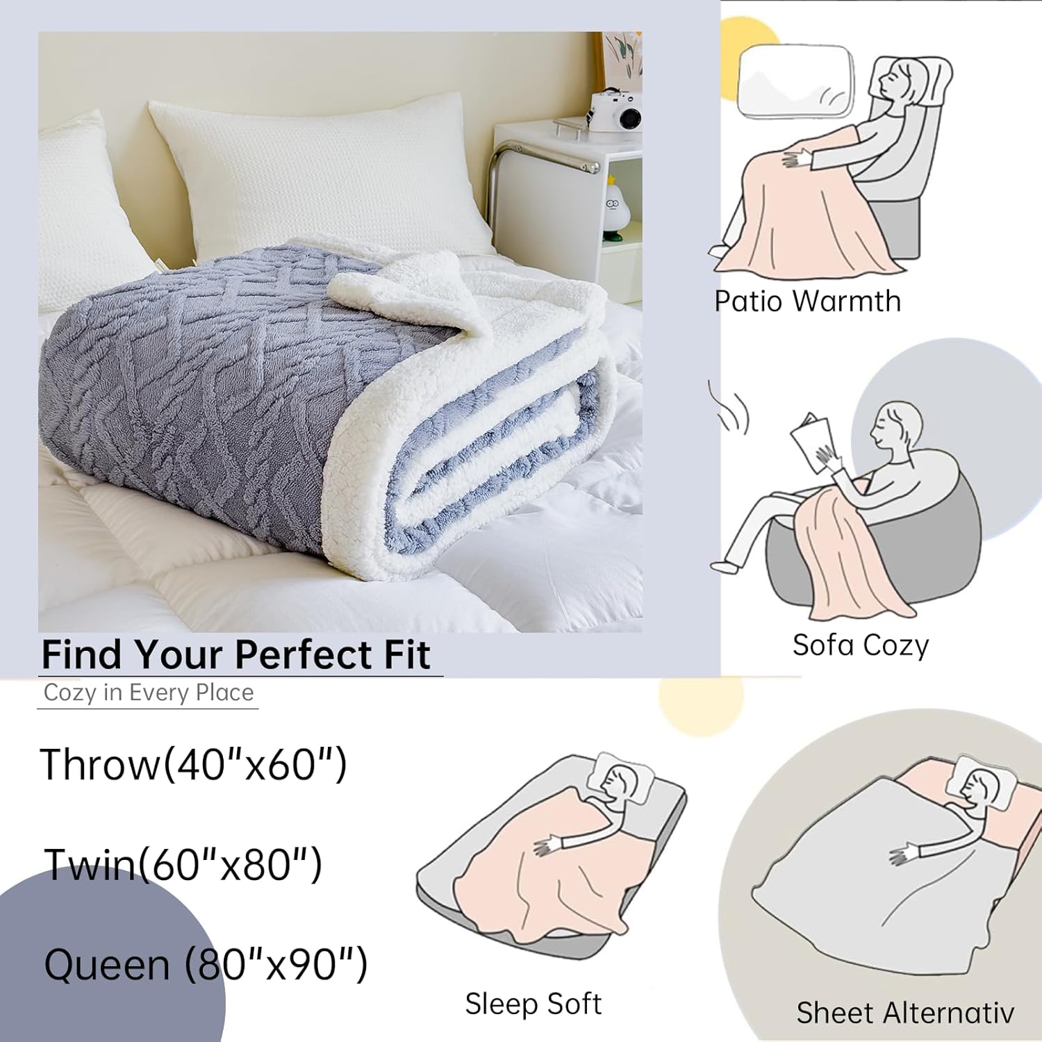 Sherpa Blanket for Bed Full Size - Fleece Soft Cozy Fuzzy Blankets Thick Warm for Winter and All Seasons (Light Grey, Full(80"x90")) - Image 4