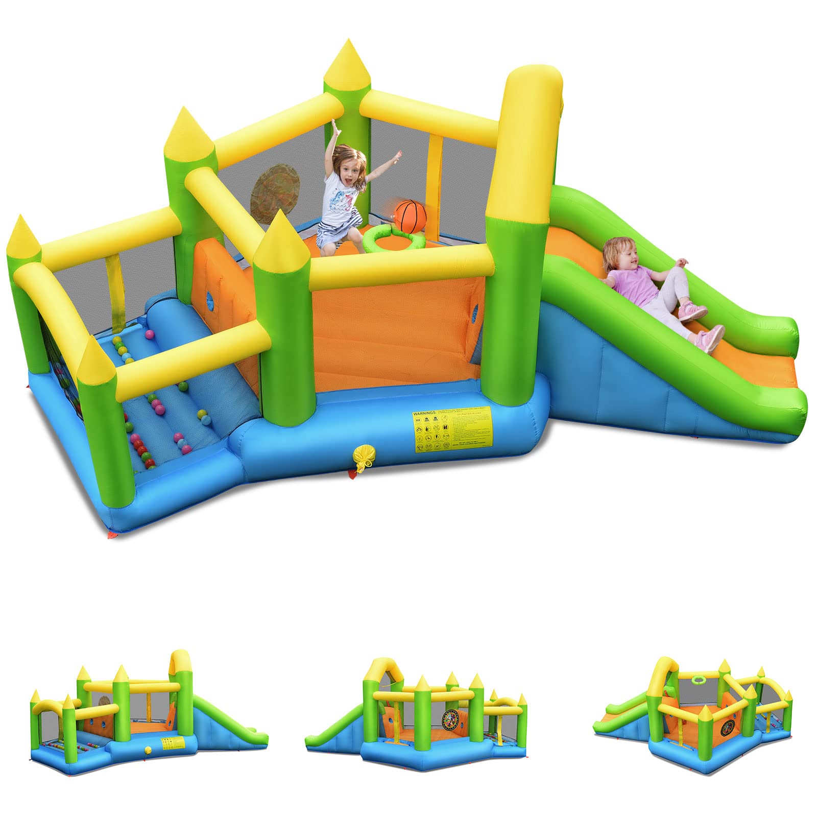 GOPLUS Hexagon Inflatable Castle with Slide and Basketball Basket, Inflatable Park with Ball Pool and Jumping Area, Indoor/Outdoor for 3 Children 3-10 Years, 135 kg, Without Blower