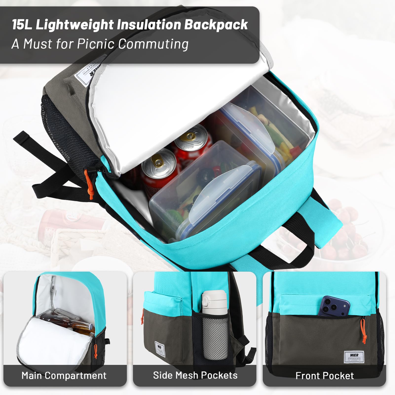 MIER Mochila térmica pequeña a prueba de fugas con enfriadores, ligera y bonita bolsa de almuerzo para mujeres y hombres, para trabajar, picnics, camping, viajes de un día al parque, 15 L, azul pavo