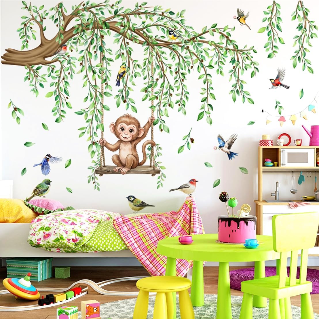 Large Tree Branch Wall Decal Green Leaf Vine Monkey DIY Home Decor Sticker