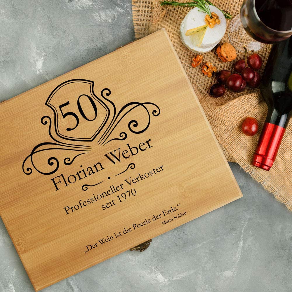 Maverton Weinöffner-Set personalisiert Weinset Sommelier Set - Geschenkbox Holzbox + 6er Weinzubehörset - aus Bambus - Braun - Geschenk zum Geburtstag für Männer - Professioneller Verkoster