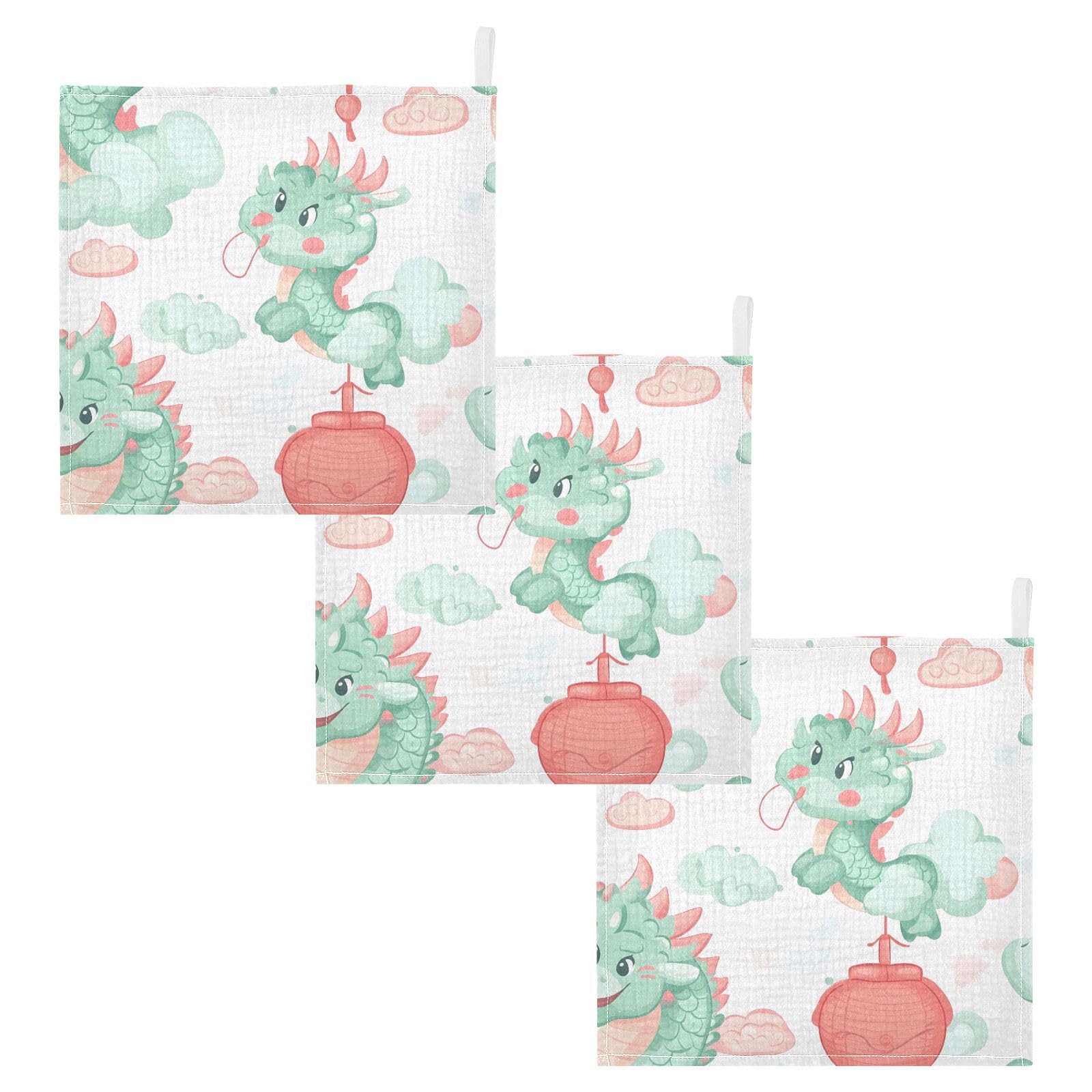 YETTASBIN Cute Cartoon Dragon Muslin Baby Hand Washcloths Soft Cotton Bath Face Towel 4 Layers Extra Absorbent Feeding