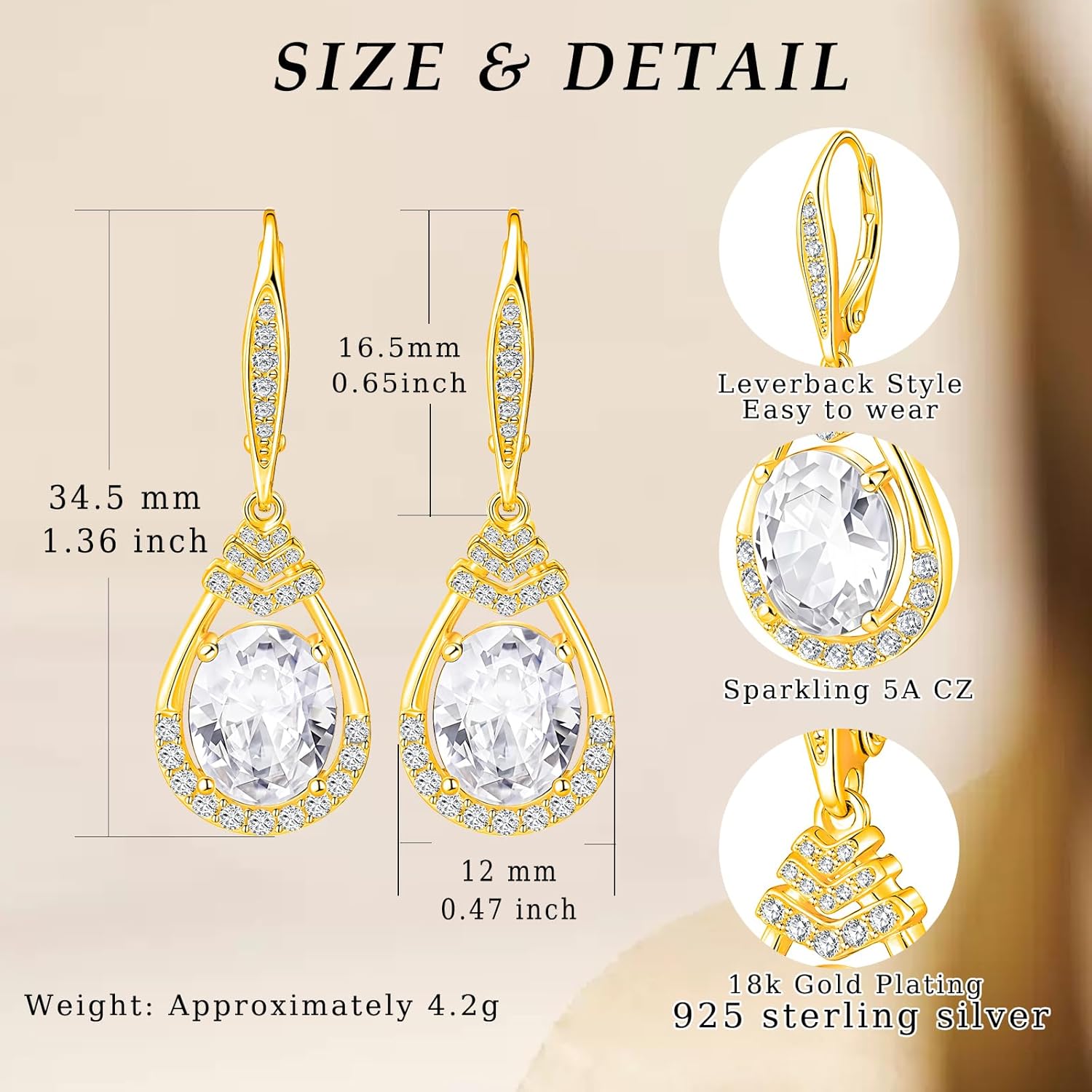 Valentine's Day Gifts for Women |18K G Plated Sterling Silver Birthstone Teardrop Leverback Drop Earring for Women Lady | Wedding Jewelry Gifts for the Bride | Hypoallergenic Oval Cut CZ Earrings - Image 6