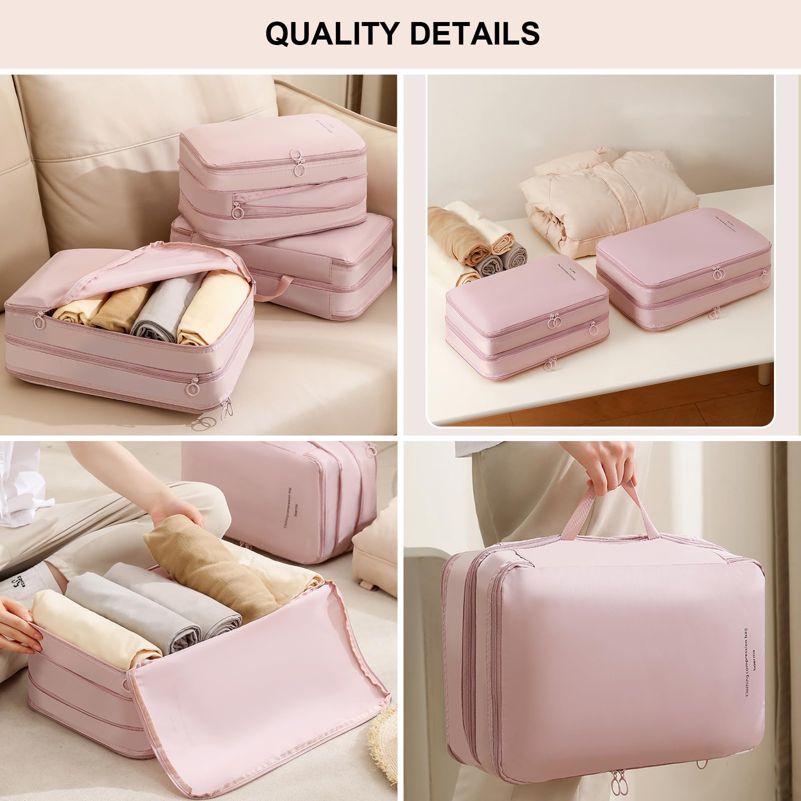 Cubi di imballaggio a compressione a doppio strato per viaggi, borse organizer per bagagli comprimibili per valigie borsa da imballaggio accessori da viaggio, rosa, M