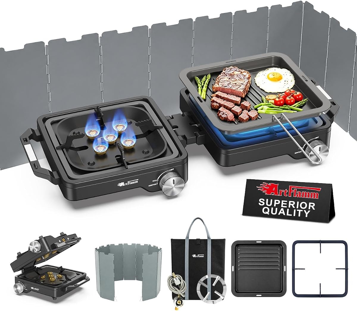 Estufa de camping de 29000 BTU con 2 quemadores con parabrisas, estufa de propano para campamento, estufa de gas plegable portátil, equipo esencial para acampar que incluye sartén, soporte para café y bolsa de transporte