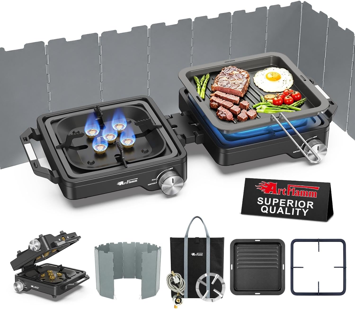 ARTFLAMM 29000 BTU 2 Burner Camping Stove with Windshield, Propane Camp Stove, Portable Folding Gas Stove, Camping Essentials Gear Includes Frying Pan, Coffee Stand & Carry Bag fathersdaygift