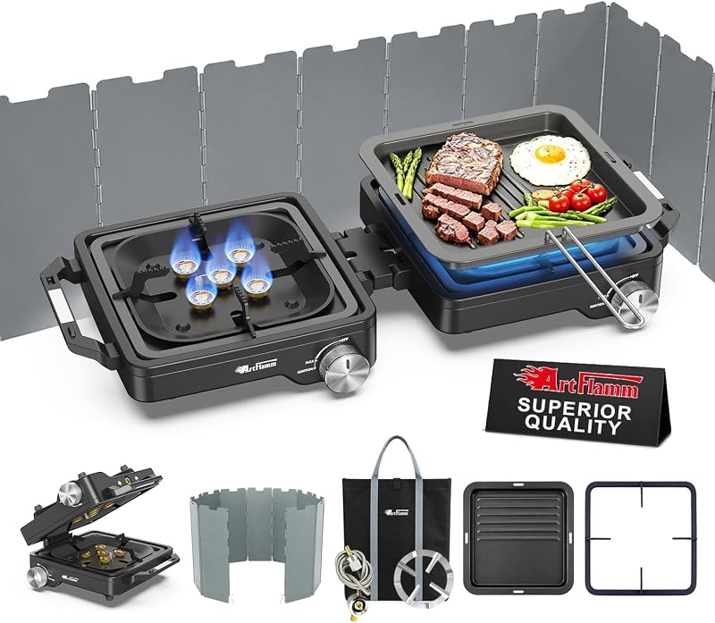 Estufa de camping de 29000 BTU con 2 quemadores con parabrisas, estufa de propano para campamento, estufa de gas plegable portátil, equipo esencial para acampar que incluye sartén, soporte para café y bolsa de transporte