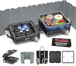 Estufa de camping de 29000 BTU con 2 quemadores con parabrisas, estufa de propano para campamento, estufa de gas plegable portátil, equipo esencial para acampar que incluye sartén, soporte para café y bolsa de transporte