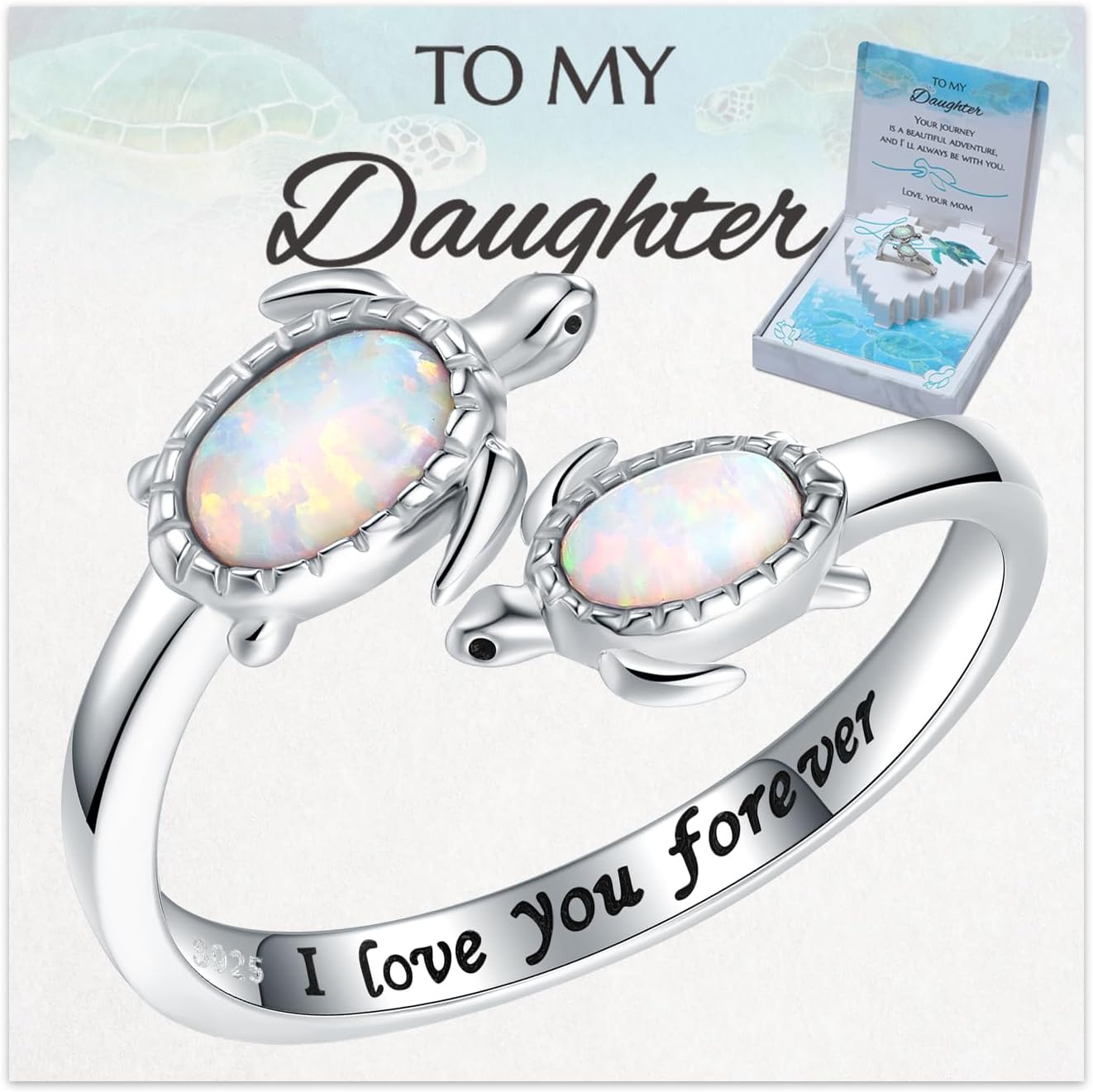 Gift for Mom Mother's Day Birthday - 925 Sterling Silver Opal Sea Turtle Adjustables Ring for Mama - Inspirational I Love You Forever Open Nature Ocean Rings Cute Animal Jewelry Gifts for Women EJALEN