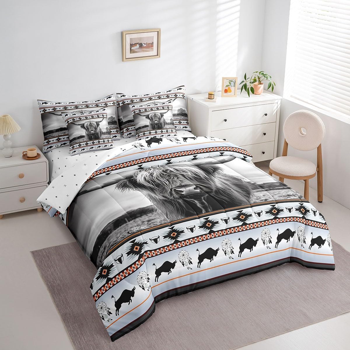 Highland Cow Bed in a Bag Queen Comforter Set 7 Piece,Ethnic Tribe Arrow Longhorn Bull Cattle Bedding Sets Cowboy Western Animals Sheet Set,Bohemian Exotic Nordic Style Dreamcatcher Bed Set