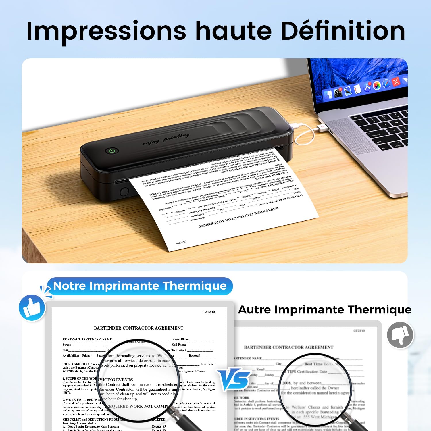 TATTMUSE Imprimante Thermique A4 Portable Bluetooth sans Encre pour Voyage, Noir