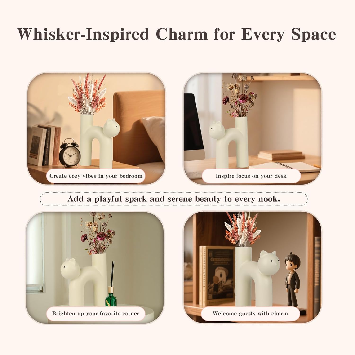 Cat Vase for Flowers, Ceramic Cat Decor for Home, Minimalist Flower Vase for Dried Flowers & Pampas Grass, Cat Lover Gifts for Women, Cat Mom Gifts, Cute Desk & Shelf Decor, Creamy Beige