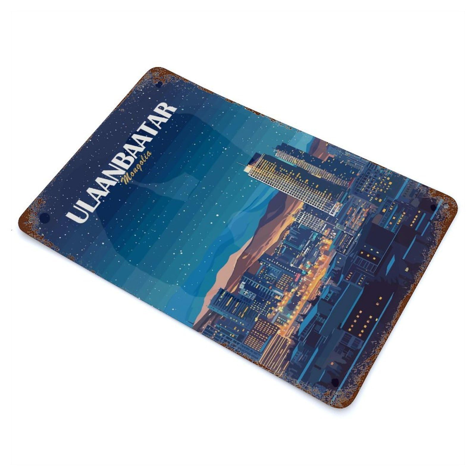 Aged Metal Wall Plaque with Ulaanbaatar Mongolia Cityscape at Night Design 11.8"x7.9", for Basement, Hobby Room And Garage Decor, Classic Wall Plaque