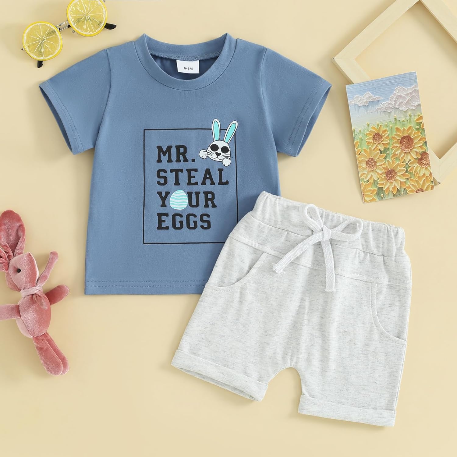 Kayotuas Baby Boy Easter Outfit Mr Steal Your Eggs Shirt Top and Shorts Set Cute Toddler Easter Clothes 0 3 6 9 12 18M 2T 3T - Image 2