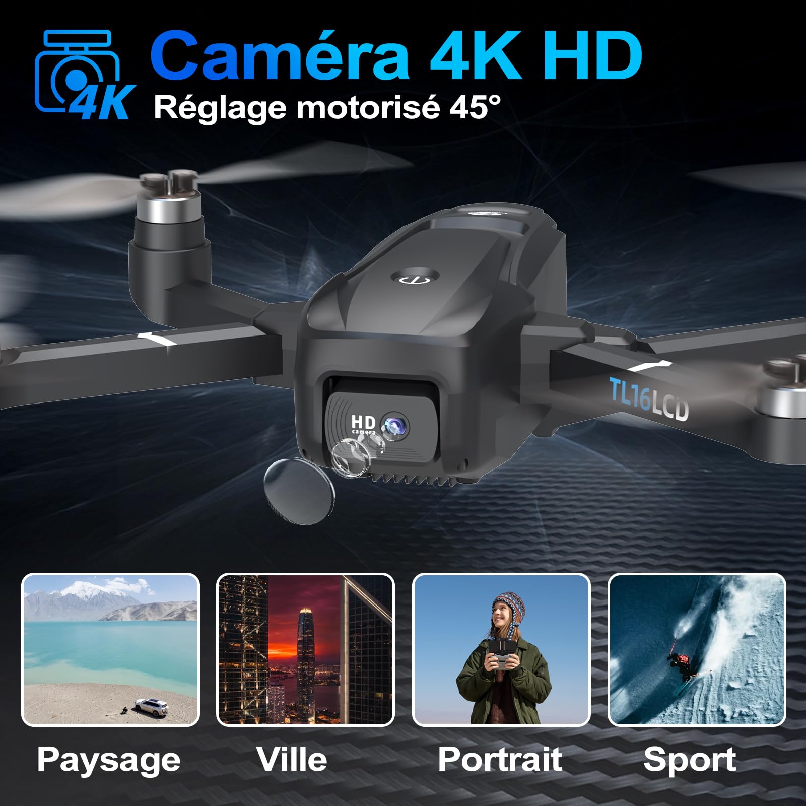 TL16LCD Drone avec Camera 4K, Drone GPS pour Débutants avec Télécommande LCD Retour Automatique Follow Me Transmission en Temps Réel 5G Drones FPV pour Adultes