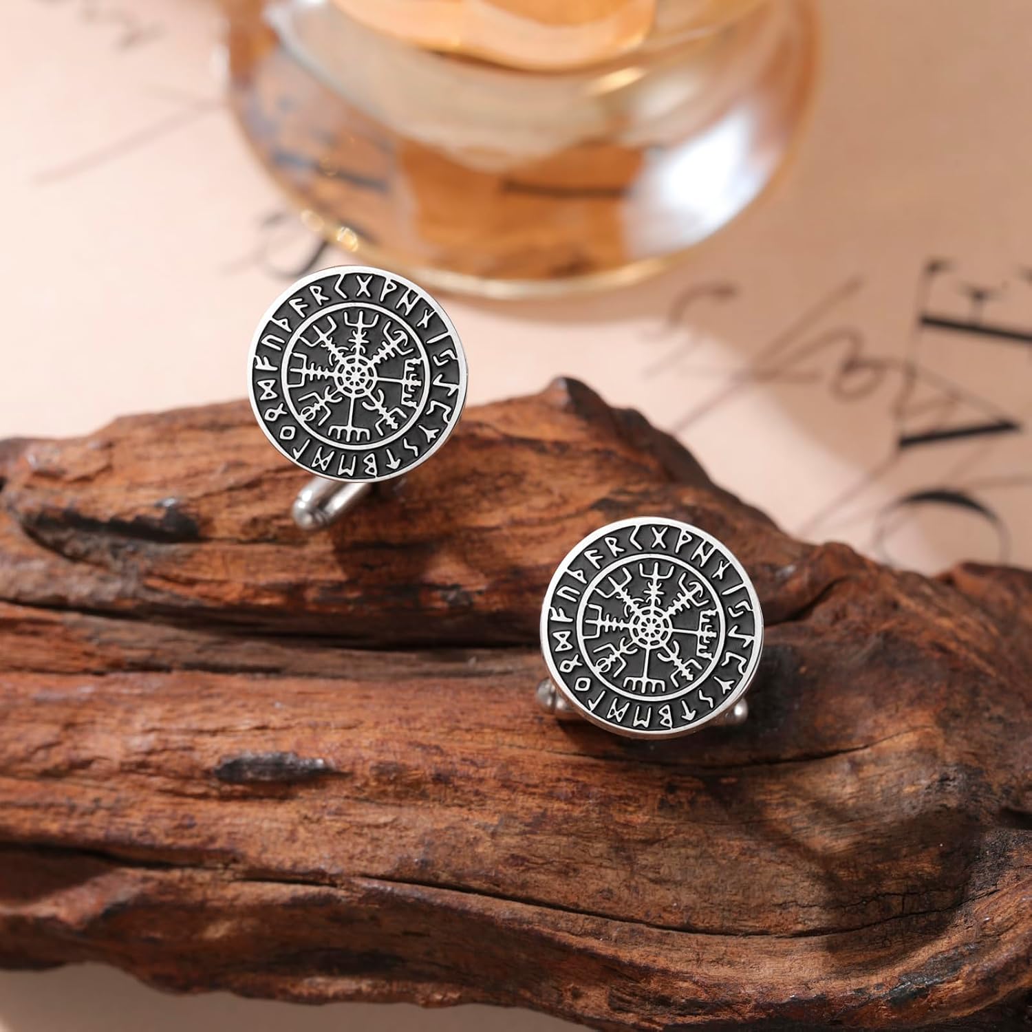 Dreamtimes Viking Runes Mythical Norse Vegvisir Cufflinks Stainless Steel Viking Compass Cuff Links Classic Engraved Viking Jewelry for Men Wedding Groom Gifts