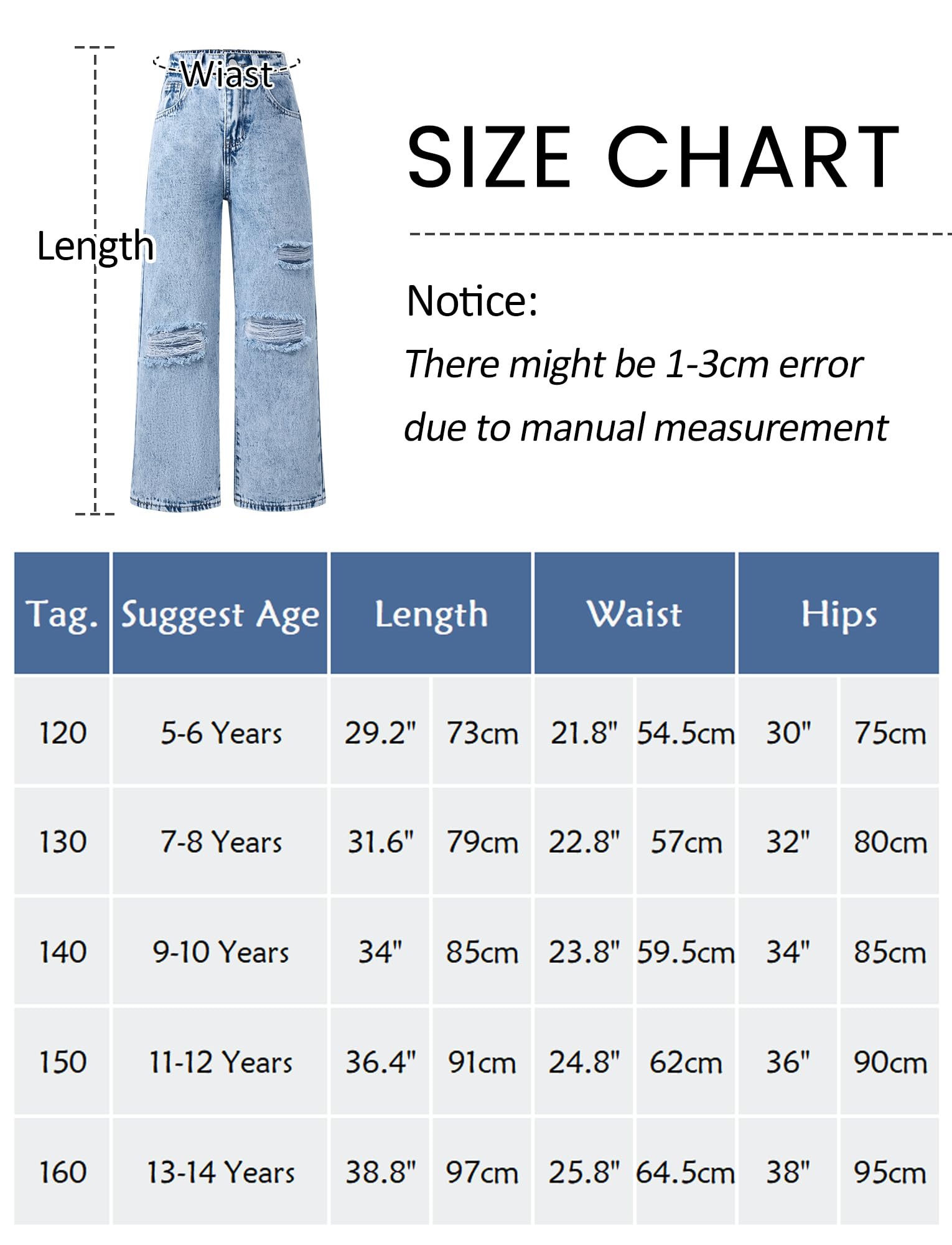 FEOYA Pantalones Vaqueros Niña Infantil Baggy Jeans con Agujeros Casuales Cintura Elástica 5-14 Años
