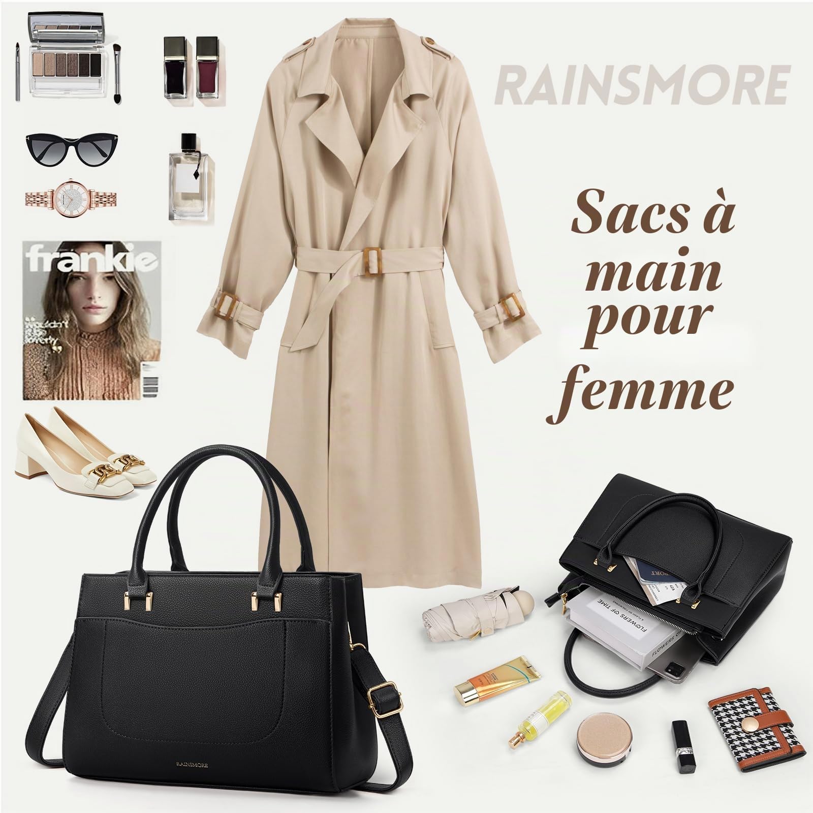 RAINSMORE Sac a Main Femme PU Cuir Sacs à Main Portés Sac à Bandoulière Cabas Fourre Tout Femme Imperméable pour Université Voyage Travail Décontracté