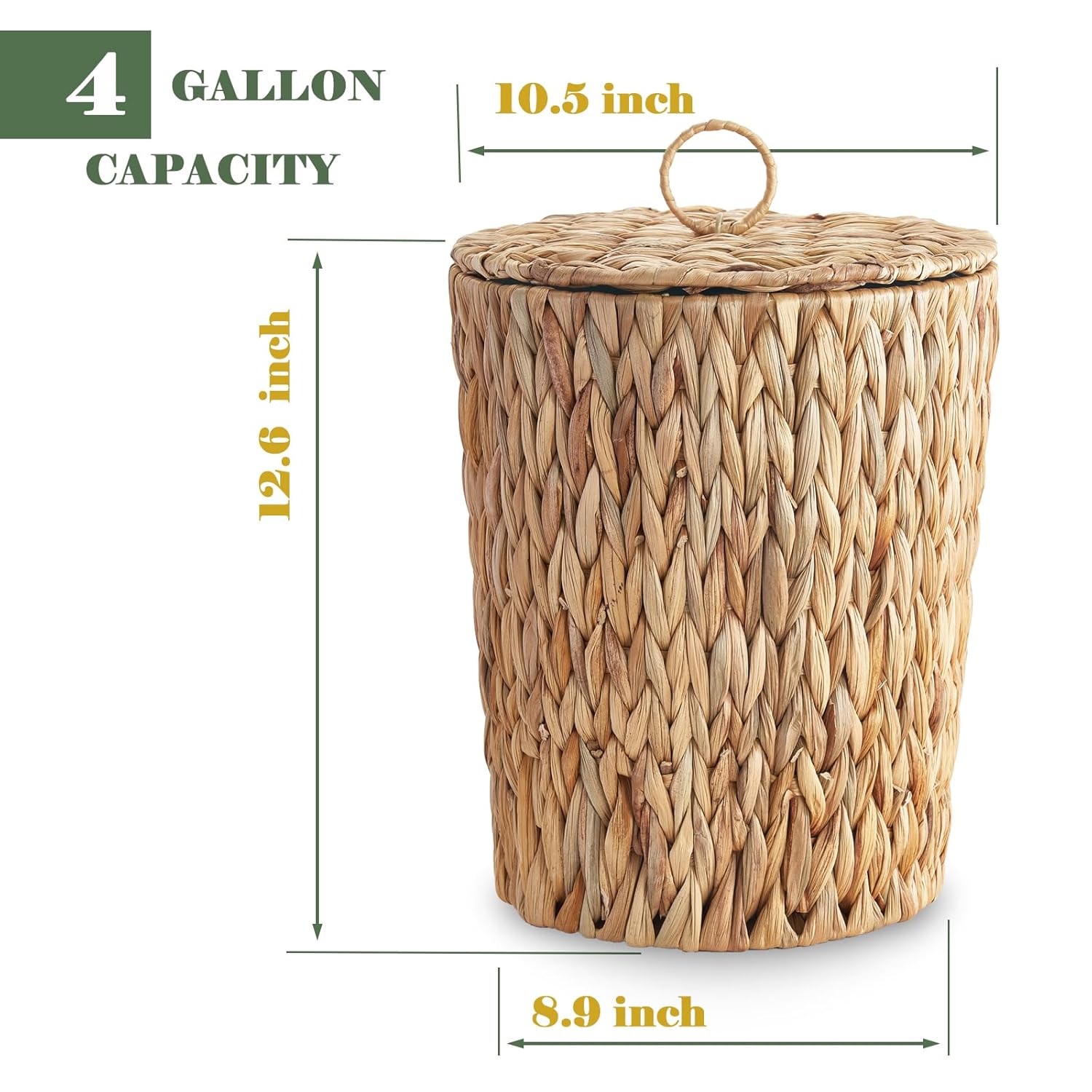4 Gallons Wicker Trash Can with Lid - Bathroom Garbage Can - Boho Hand Woven Natural Water Hyacinth Wicker Waste Basket for Bedroom, Living Room, Home, Office