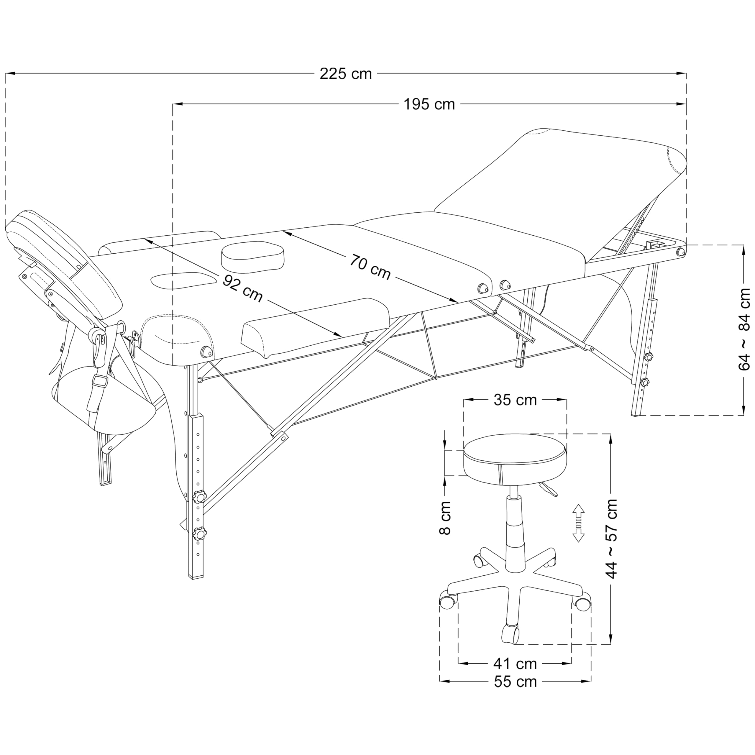 Beltom® Lettino Massaggio 3 Zone in Legno Dimensione 195/225 X 70 CM + Sgabello Regolabile in Altezza + Borsa per LETTINI da Massaggi Portatile - Pannello Reiki - Angoli ARROTONDATI E RINFORZATI-Nero