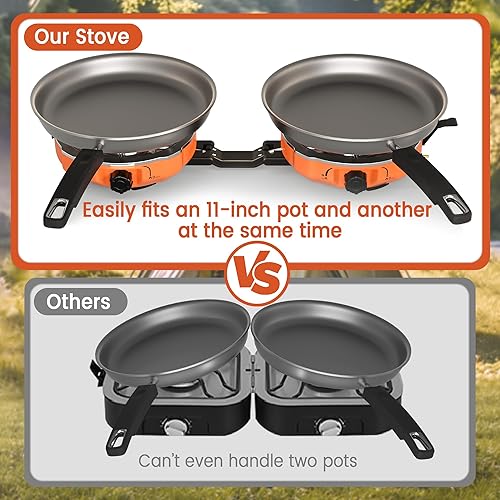 Miniatura 3 de Estufa de campamento de propano de 2 quemadores de 20,000 BTUs, estufa de campamento plegable portátil con quemadores ajustables, regulador y bolsa