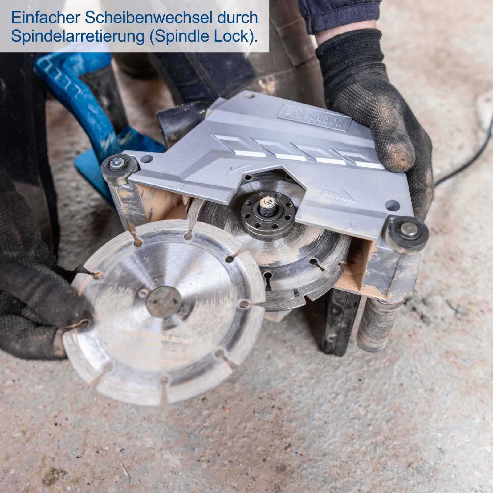Scheppach Mauernutfräse MNF2250 Schlitzfräse mit Transportkoffer & 4 Trennscheiben | Nuttiefe 0-40mm | Nutbreite 8-40mm | Leistung 2250W | Scheiben-Ø 125mm | Doppelgetriebe, Softstart sowie Softgrip